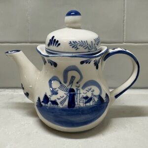 Blue and White Delft-Style Handpainted Teapot with Windmill Design